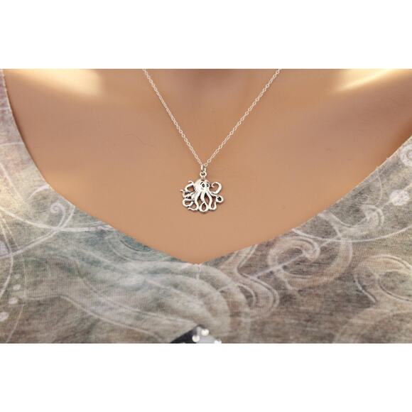Medium Sterling Silver Octopus Charm Necklace, Silver Octopus Pendant Necklace - Picture 4 of 4